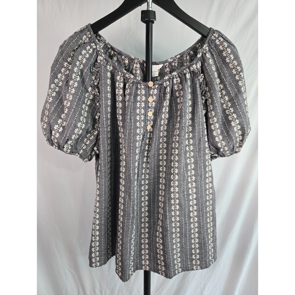 Plus Size 18/20 2X Gray Floral Stripe Peasant Top Puff Sleeve Cottagecore Boho